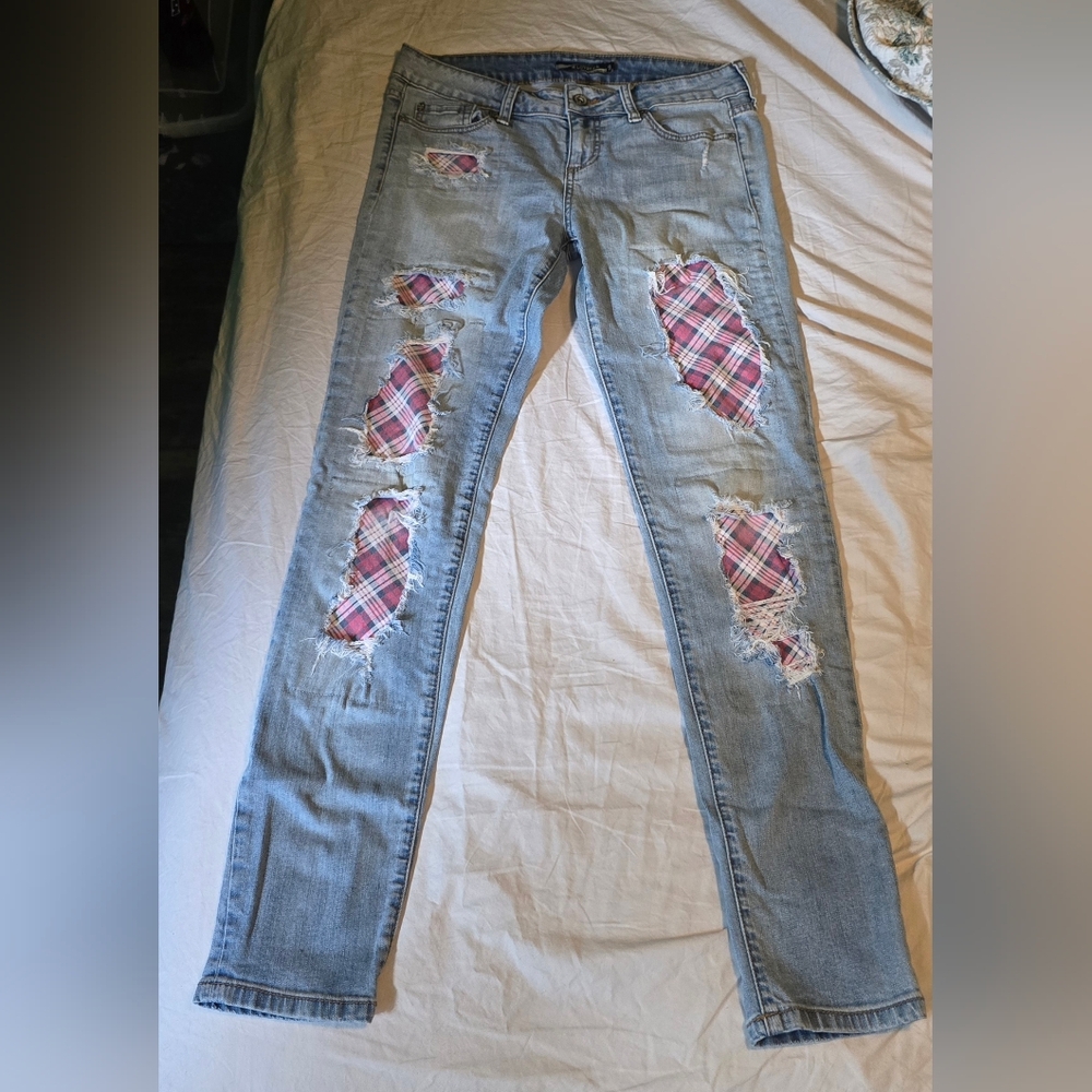 Lovesick Blue Distressed Skinny Jeans with Plaid